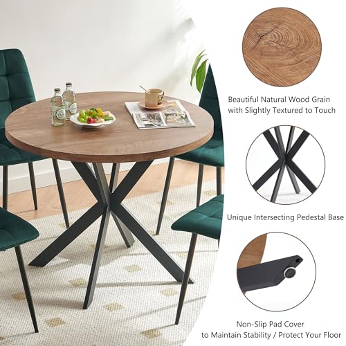 Homedot 37" Round Table Set for 4 Person, Modern Kitchen Table Set, Imitation Wood Dining Table with Space Saving Dining Chairs, Dark Green Velvet Side Chairs Homedot