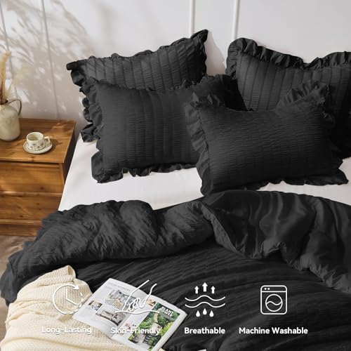 JOLLYVOGUE Black Queen Comforter Set, 3 Pieces Seersucker Comforters Queen Size, Lightweight & Fluffy Bedding Sets Queen for All Season with 1 Ruffle Comforter and 2 Ruffle Pillowshams JOLLYVOGUE