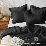 JOLLYVOGUE Black Comforter Full Size, 3 Pieces Seersucker Lightweight Full Size Bedding, All Season Fluffy Microfiber Bedding Comforter Set with 1 Ruffle Comforter and 2 Ruffle Pillowshams JOLLYVOGUE