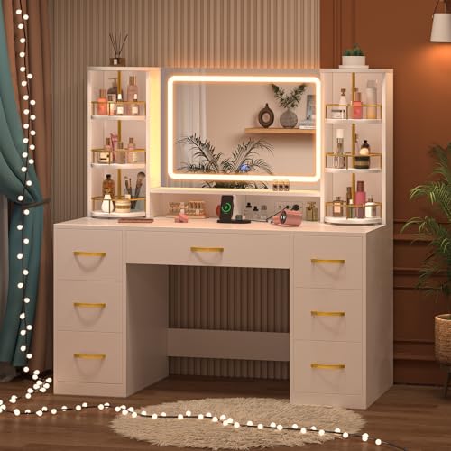 Vanity Desk with LED Mirror and 360 Rotating Makeup Organizer Shelves, White Makeup Vanity with Lights & Charging Station, Large Vanity Table with 6 Storage Drawers Bedroom Makeup Desk for Women Girls CSZZD