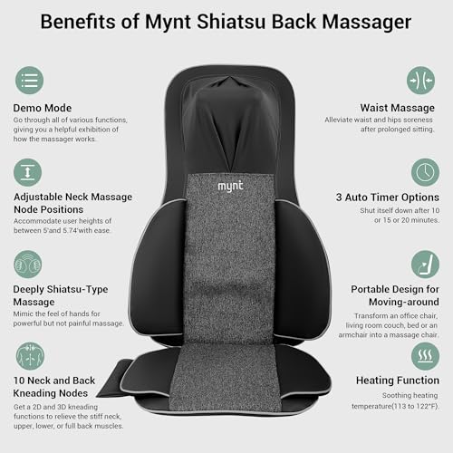 Mynt FSA Eligible HSA Approved Shiatsu Neck and Back Massager for Chair with 10 Deep Kneading Nodes, 2D & 3D Back Massage with Heat, Portable Spot Massage Chair Pad (Black) Mynt
