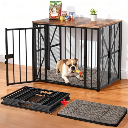 Dog Crate Furniture Foldable with Dog Bed Mat, 27" No Assembly Decorative Dog Kennel Indoor, Heavy Duty Small Collapsible Dog Crates for Small Dogs (Under 25 lb), Wooden Dog Cage TNELTUEB