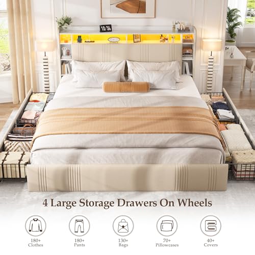 EnHomee King Size Bed Frame with 4 Storage Drawers, Upholstered Platform King Bed Frame with Headboard & LED Lights & Charging Station, Noise Free, No Box Spring Needed, Beige EnHomee