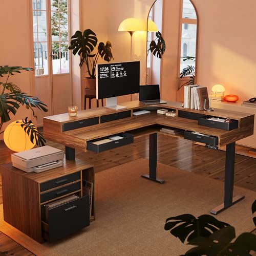 HUANUO Electric L Shaped Standing Desk with 6 Storage Drawers & File Cabinet, 2-Tier Corner Sit Stand Desk with Cable Management Tray, 65.5" × 57.6" Height Adjustable Computer Gaming Table, Walnut HUANUO