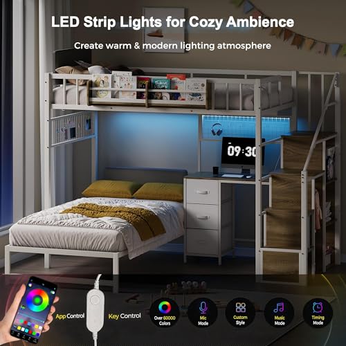 Kikihouse Twin Over Twin Loft Bunk Bed with Desk, Stairs, Drawers & Storage Shelves, L-Shaped Metal Bunk Bed with Charging Station & LED Light for Kids, Teens, Adults (Twin Over Twin) Kikihouse