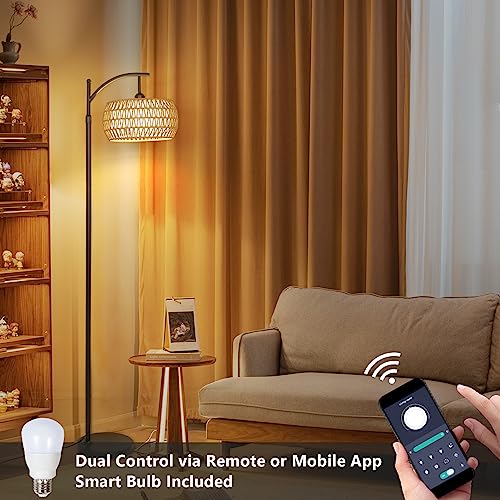 Arc Floor Lamp with Remote Control, Dimmable LED Floor Lamp with 3 Color Temperature, Black Standing Lamp with Rattan & Fabric Double Drum Shade, Boho Farmhouse Tall Pole Lamp for Living Room - WoodArtSupply