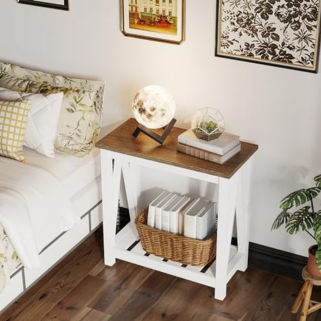 ChooChoo Farmhouse End Table, Rustic Vintage Narrow End Side Table with Storage Shelf for Small Spaces, Nightstand Sofa Table for Living Room, Bedroom White ChooChoo