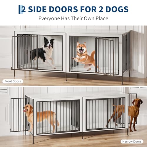 79‘’ Double Dog Crate Furniture, XL Dog Kennel Indoor, Heavy Duty Double Dog Crates for Medium/Large Dogs, Dog Kennel Furniture Indoor As TV Stand, Rustic White IDEALHOUSE