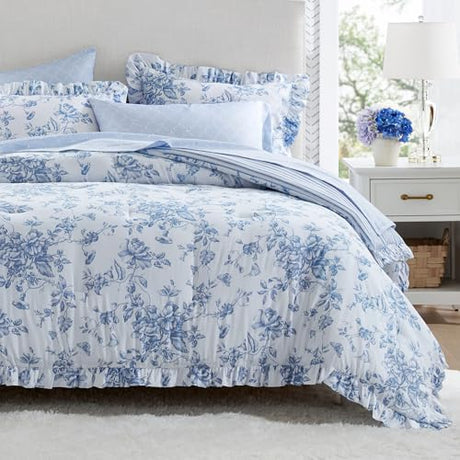 Madison Park Essentials Adele Blue Floral Full Size Comforter Set – Vintage Bed in a Bag with Sheets, Reversible Ruffle Bedding, Elegant Gift for Her Madison Park