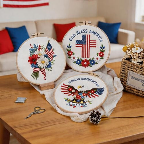 BBLYBD 4th of July Embroidery Kit, 4 Set Patriotic Cross Stitch Craft Kits for Beginners with Pre-Printed Embroidery Fabric, Hoops, Step-by-Step Instructions, Color Threads & Needles (Red White Blue) BBLYBD