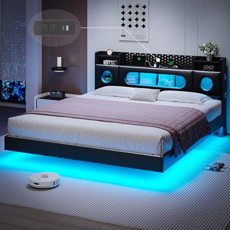 busyaeh California King Bed Frames, Floating Bed with Storage Headboard & LED Lights, Cal King Bed Frame with Headboard, Platform Bed No Box Spring Needed, Noise-Free, Easy Assembly, PU Black busyaeh