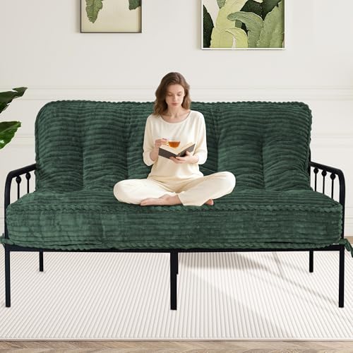KOZIDO 8 Inches Futon Mattress Full Size, Extra Thick Futons Sofa Couch Bed with Strap Design, Japanese Floor Mattress for Adults, Folding Mattres Shredded Foam Filling (Frame Not Included), Green KOZIDO