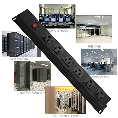 Metal Wall Mount Power Strip, Mountable Power Outlet with 6 AC Outlets, Aluminum Alloy Mount Power Socket with Switch, 6 FT SJT 3/C 14AWG Power Cord, 15A 125V 1875W (6AC) Black HHSOET