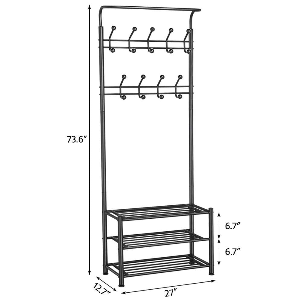 Yaheetech 3-in-1 Coat Rack Shoe Bench, Entryway Hall Tree with 18 Hooks and 3-Tier Shoe Storage Bench, Metal Coat Hat Stand Rod for Hanging Jacket, Easy Assembly, Black - WoodArtSupply