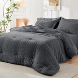 HYMOKEGE Full Size Comforter Sets Seersucker 7 Pieces, All Season Luxury Bed in a Bag for Bedroom, Bedding Set with Comforters, Sheets, Pillowcases & Shams, Dark Grey HYMOKEGE