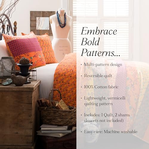 Lush Decor Royal Empire Reversible Cotton Quilt Set, 3 Piece Set Full/ Queen, Tangerine - Striped Bedding Set - Floral Quilt Queen Size - Orange Bedding - Boho Decor Lush Decor