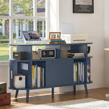 LELELINKY Large Round Record Player Stand with Charging Station & Fluted Panel, Blue Mid Century Modern Turntable Cabinet with Vinyl Storage, Arched Wood Record Player Table for Living Room LELELINKY