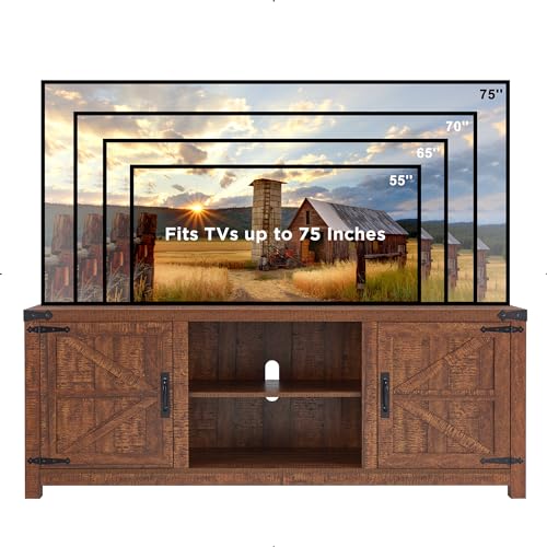 T4TREAM Farmhouse TV Stand for TVs Up to 75 inches, Wood Barn Door Media Television Console Table with Storage Cabinets, Easy Assembly Modern Entertainment Center for Living Room, Reclaimed Barnwood T4TREAM