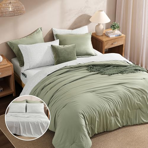 Monbix Queen Comforter Set - 7 Pieces Green Prewashed Bed in a Bag Queen Bedding Sets with Comforters, All Seasons Ultra Soft Comforter Bed Set with Sheets,Pillowcases & Shams Monbix