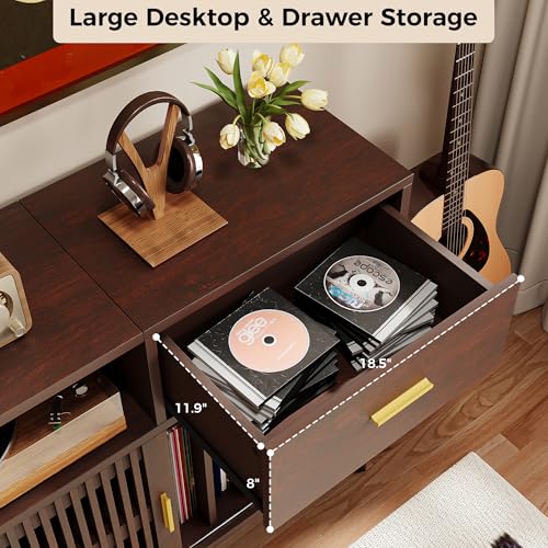 IRONCK Large Record Player Stand, 500+ Vinyl Record Storage Cabinet with Drawer, Record Player Table with Sliding Door & Flip-Top, Mid-Century Modern Turntable Stand for Living Room, Red Walnut IRONCK