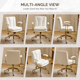 VINGLI Home Office Desk Chair Comfy with Wheels & Removable Armrests,Gold Base Vanity Chair with Back, Adjustable Rolling Swivel Computer Task Chair for Study,Makeup,Office,Bedroom,PU Leather,White VINGLI