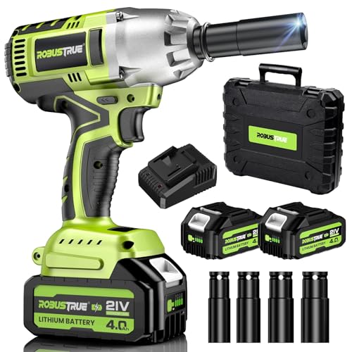 Robustrue Cordless Impact Wrench, 590Ft-lbs (800N.m) Brushless 1/2 inch Impact Wrench, 2500RPM Max Torque Impact Gun, 2x 4.0Ah Battery, Charger, 4 Sockets, Electric Impact Wrench for Car Truck RV Robustrue