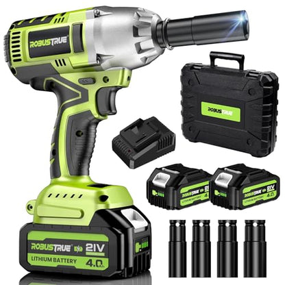 Robustrue Cordless Impact Wrench, 590Ft-lbs (800N.m) Brushless 1/2 inch Impact Wrench, 2500RPM Max Torque Impact Gun, 2x 4.0Ah Battery, Charger, 4 Sockets, Electric Impact Wrench for Car Truc - WoodArtSupply