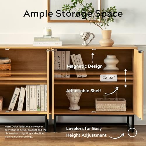 EYYTHUNG Fluted Storage Cabinet Sideboard Buffet Cabinet, Modern Accent Cabinet with Adjustable Shelves, Wooden Credenza, Console Table Entryway Cabinet for Living Dining Room, Natural Oak EYYTHUNG