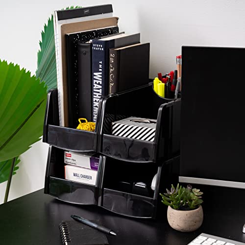 IRIS USA Medium Stackable Storage Bins, 8-Pack, 11"L x 6"W x 5"H, |Made in USA|, Plastic Open Front Shelf Bin for Organizing Parts, Hardware, Tools, Supplies, Garage Shelf, Pantry - Black IRIS USA