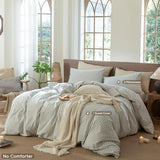 MooMee Striped Duvet Cover Set 100% Washed Cotton Linen Like Textured Breathable Durable Soft Comfy (Sage Green White Classic Stripes, King 104"x90") MooMee