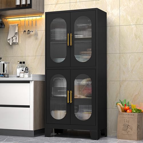 Winiowa 61" Black Metal Pantry Cabinet with Adjustable Shelves and Acrylic Glass Doors winiowa
