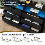 Loomie 6 Drawers Dresser with Power Outlets and LED Lights, Black Dresser with 2 Top Cubby, Tall Wide Fabric Double Chest of Drawers,Modern Dresser Tv Stand for up to 60" TV for Bedroom, Living Room Loomie