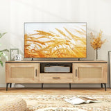 Tangkula Boho TV Stand for 65 Inch TVs, Mid Century Modern Media Entertainment Center with Drawer, 2 Cabinets with Rattan Doors, Metal Legs, Cable Hole, TV Console Table for Living Room (Oak) Tangkula