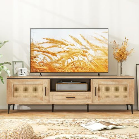 Tangkula Boho TV Stand for 65 Inch TVs, Mid Century Modern Media Entertainment Center with Drawer, 2 Cabinets with Rattan Doors, Metal Legs, Cable Hole, TV Console Table for Living Room (Oak) Tangkula