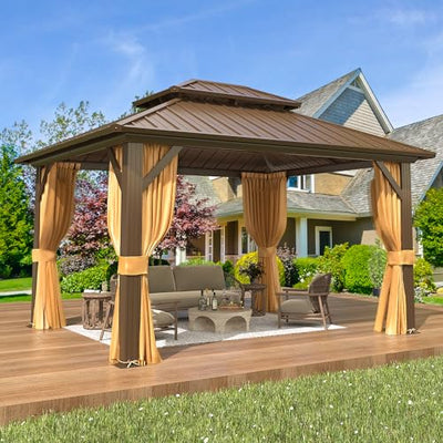EROMMY 10' x 12' Hardtop Gazebo, Galvanized Steel Double Roof Gazebo with Aluminum Frame, Permanent Outdoor Metal Pavilion with Curtain and Netting for Patio, Lawn and Garden