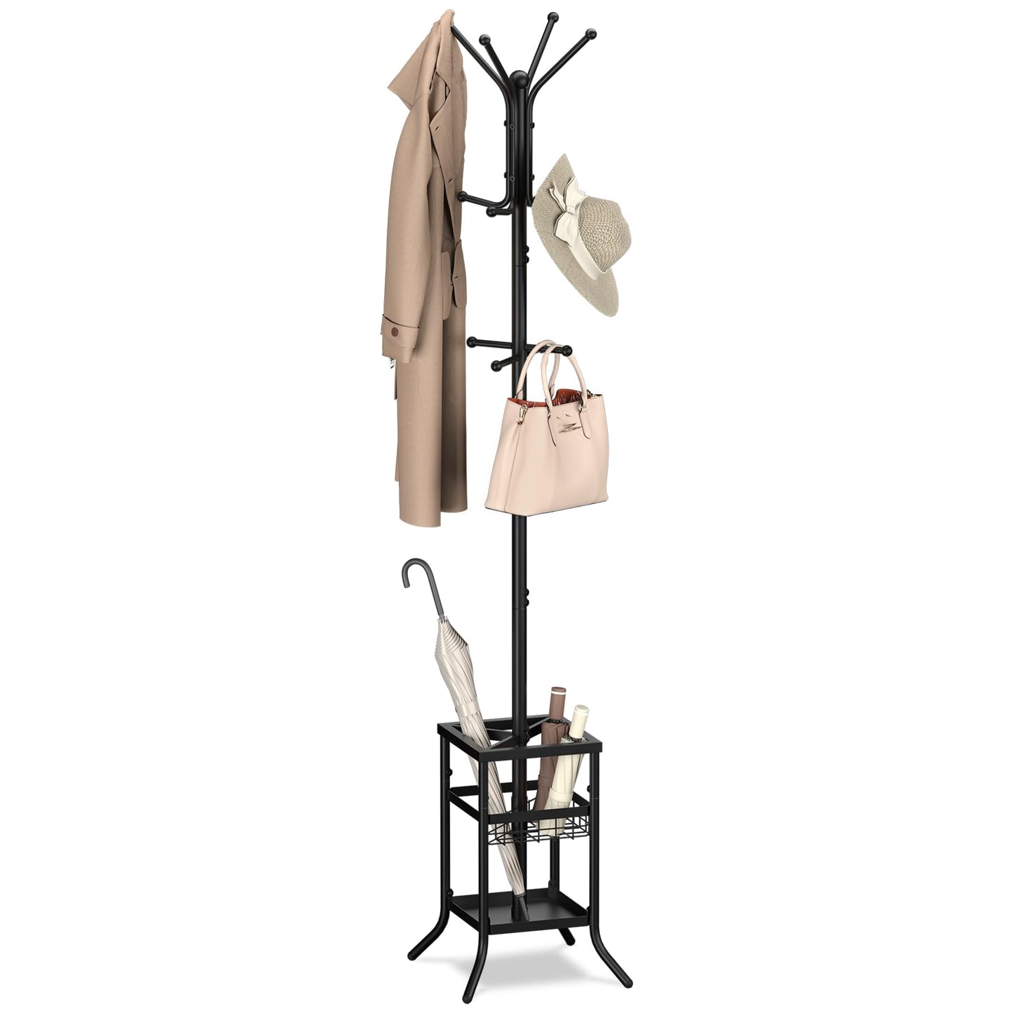 Yoobure Coat Rack Freestanding, Coat Tree with Umbrella Holder, Metal Coat Rack Stand with 12 Hooks, Modern Coat Hanger Stand for Entryway, Purse Rack Hat Rack Stand for Living Room Bedroom O - WoodArtSupply