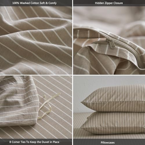MooMee Striped Duvet Cover Set 100% Washed Cotton Linen Like Textured Breathable Durable Soft Comfy (Tannish Linen Grey White Wide Stripes, Queen 90"x90") MooMee