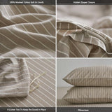 MooMee Striped Duvet Cover Set 100% Washed Cotton Linen Like Textured Breathable Durable Soft Comfy (Tannish Linen Grey White Wide Stripes, Queen 90"x90") MooMee