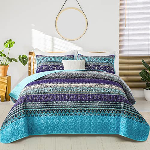 WONGS BEDDING Boho Queen Quilt Set, Blue Purple Bohemian Queen Quilt Bedding Set, Lightweight Microfiber Bed Decor Bedspread for All Season 96"x90"(3 Pieces) WONGS BEDDING