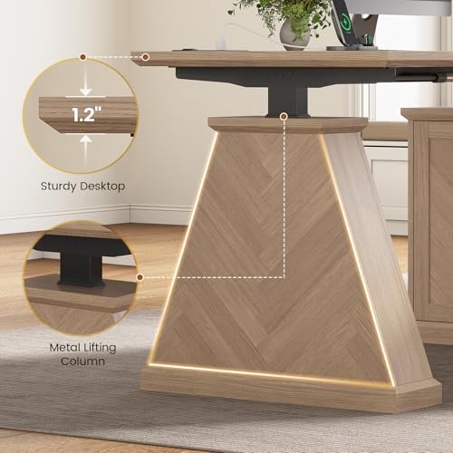 Farmhouse L Shaped Electric Standing Desk with Power Outlet & 2 Storage Cabinets, 55.1" x 47.2" Height Adjustable Office Executive Desk with File Drawer & Shelf, Large Business Computer Desks, Natural ANGRYWIN