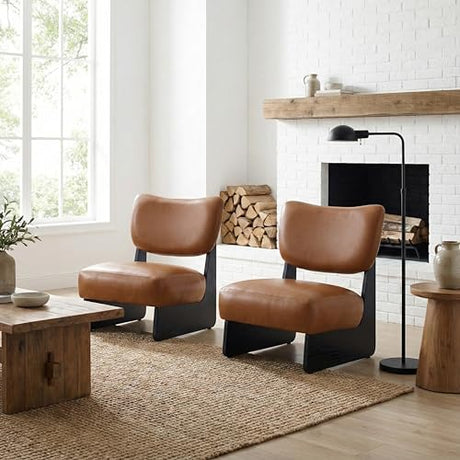 DAYALANE Brown Faux Leather Living Room Chairs Set of 2, Cozy Upholstered Armless Accent Chair for Bedroom, Black Wood Frame, Vintage Modern Lounge Reading Chair for Apartment Waiting Room Office DAYALANE