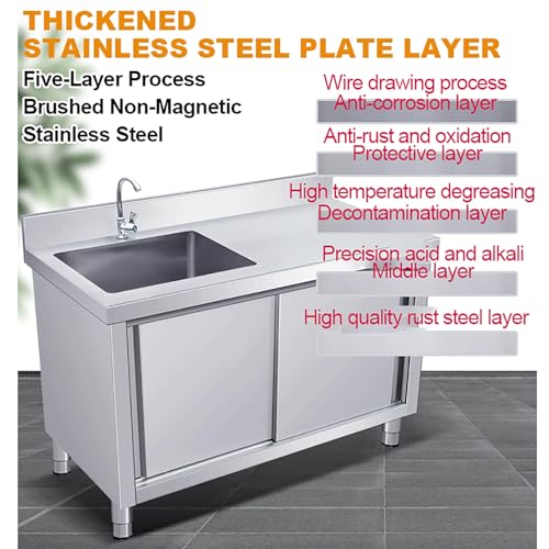 Kitchen Cabinet with Sink Laundry Sink with Cabinet Freestanding Utility Sink with Faucet Outdoor Stainless Steel Sink with Workbench and Storage Cabinet for Restaurant Laundry Room.(120x60x80cm) YHQYCGS