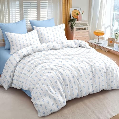 Bildenly Comforter Set Full Size White - Blue Bow Quilt Bedding Set 3 Pieces, Comforter Set Full, Soft & Lightweight Comforter(79‘’ x 90‘’) for Girl All Season & 2 Pillow Cases(30‘’x20‘’) Bildenly