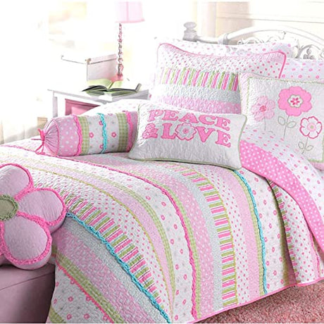 Cozy Line Home Fashions Pink Polka Dot Flower Girl 100% Cotton Reversible Quilt Bedding Set, Coverlet, Bedspread (Greta Pastel, Queen - 3 Piece: 1 Quilt + 2 Shams) Cozy Line Home Fashions