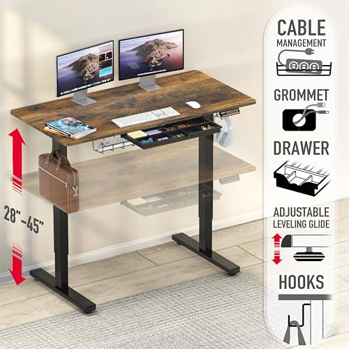 SHW 48-Inch Electric Height Adjustable Standing Desk with Drawer, Memory Preset and Cable Management Tray, Rustic Brown SHW