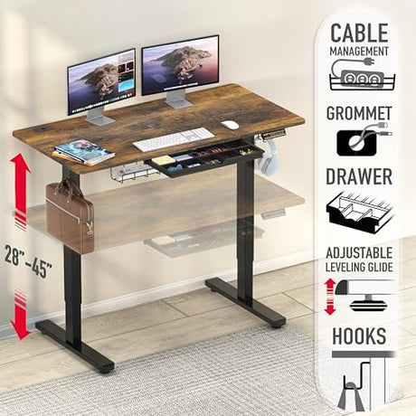 SHW 48-Inch Electric Height Adjustable Standing Desk with Drawer, Memory Preset and Cable Management Tray, Rustic Brown SHW