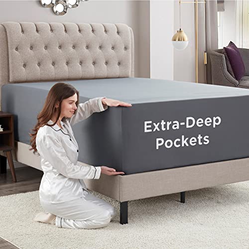 Empyrean Charcoal Grey Extra Deep Pocket King Fitted Sheet Only, Hotel Luxury King Size Fitted Sheets Easily Fits 18 to 24 Inch Mattress, Super Soft, Wrinkle-Free Bottom Sheets with Corner Straps Empyrean Bedding