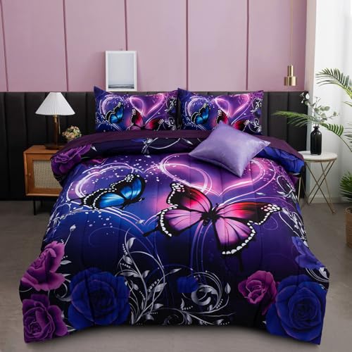 A Nice Night Galaxy 6pcs Bed in a Bag Purple and Blue Dreamy 3D Butterfly Printed, Butterflies Bedding Full Comforter Set, for Girls Kids Teens A Nice Night