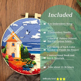 FONNUY Embroidery Kit for Beginners, Boho Nature Landscape Pre-Stamped Pattern Kits for Adults with Hoop, Easy to Follow Color Thread Needlework, 8'' Hoop (Beach House)