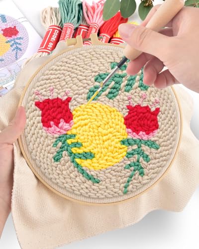 ERKOON Punch Needle Kit Adults Beginners, DIY Easy Floral Embroidery Set for Starter Art Craft, Needling Punch Project with Patterns, Tools, Yarns, Hoop, Instruction (Rose Passing) ERKOON